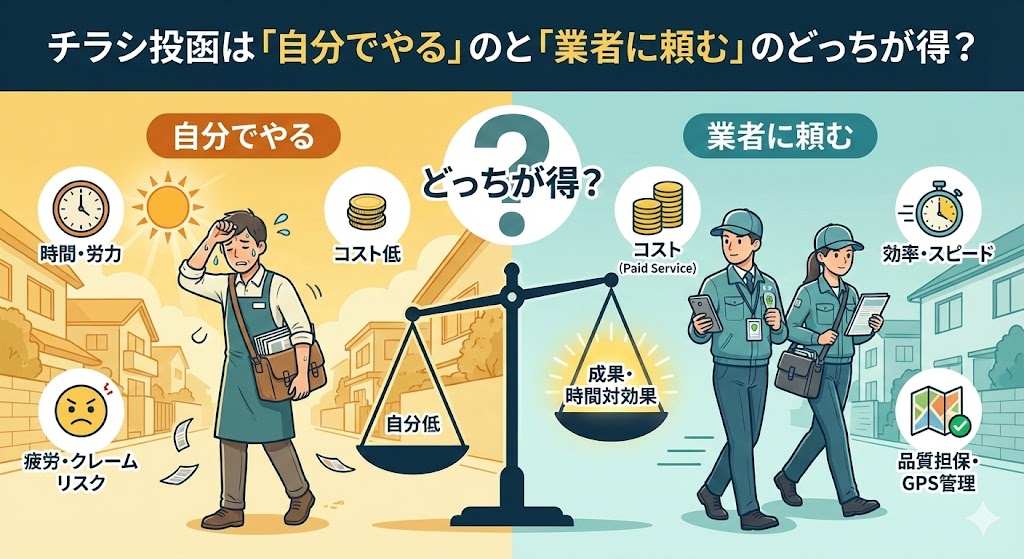 チラシ投函は自分でやるのと代行業者に頼むのどっちが得？