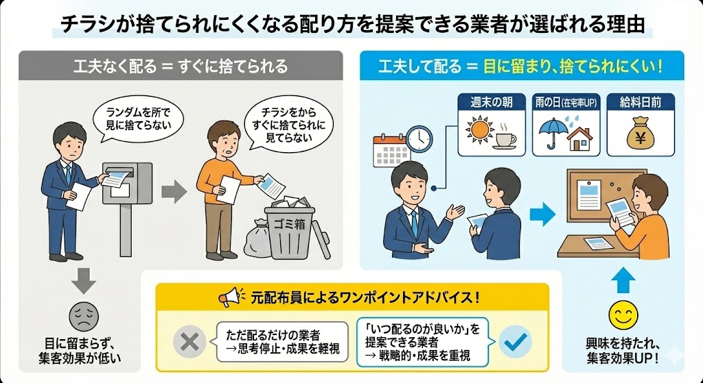 高評価ポスティング会社はチラシが捨てられにくくなる配り方を提案できる