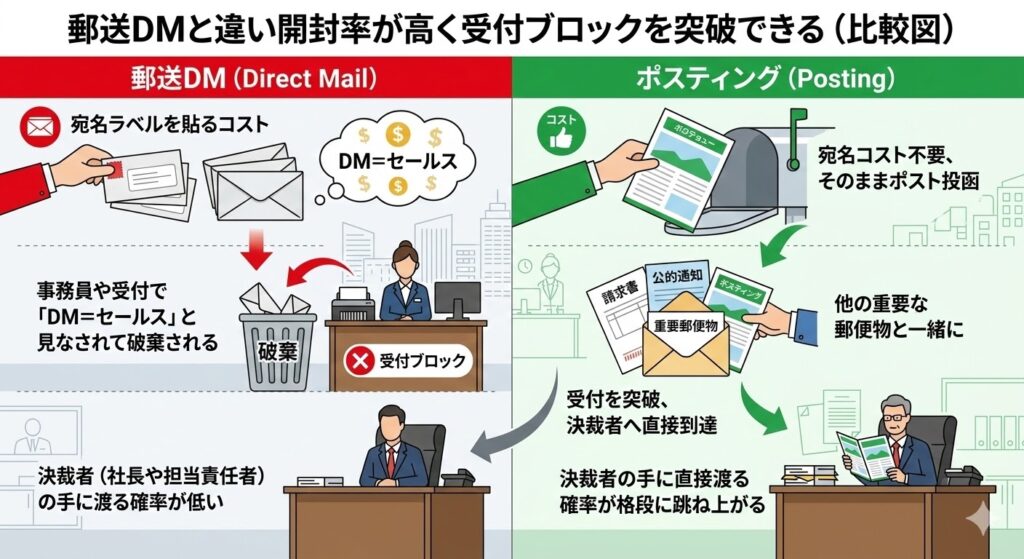 郵送DMと違い開封率が高く受付ブロックを突破できる